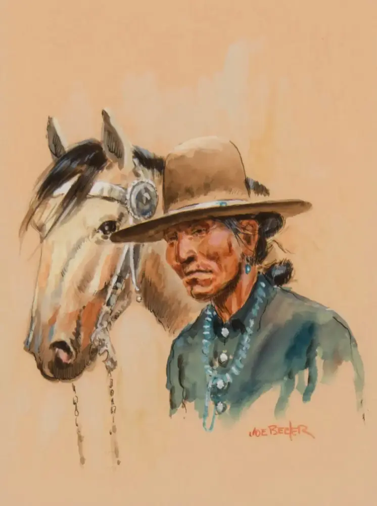 Portrait of a Native American man wearing a wide-brimmed hat and turquoise bead necklace, beside a white horse in a watercolor painting.