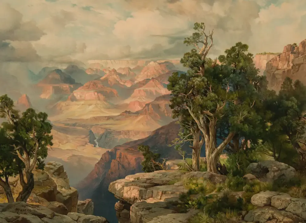 Painterly view of the Grand Canyon with layered red cliffs and a foreground cluster of gnarled trees