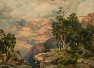 Painterly view of the Grand Canyon with layered red cliffs and a foreground cluster of gnarled trees