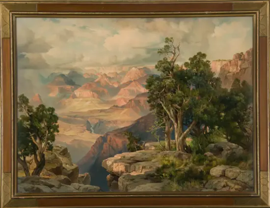 Painterly canyon landscape with layered red rock formations, distant mesas, and a foreground of gnarled trees in a rocky overlook.