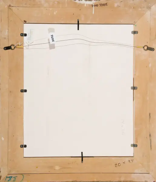 Back of a framed artwork on a wooden stretcher frame with hanging wires and hardware; label and signature visible, painting ready to hang