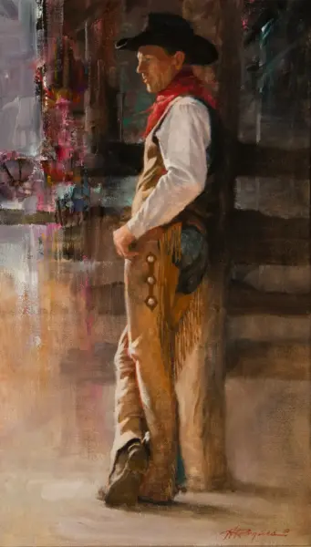 Profile of a cowboy leaning against a wall, wearing a black hat, red neckerchief, white shirt and leather chaps in a painterly style portrait.