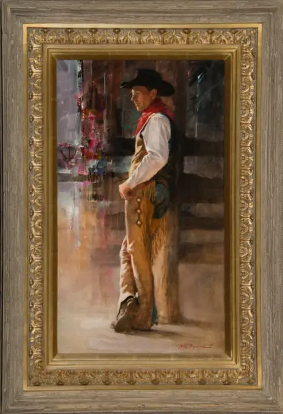 Oil painting of a cowboy in a black hat, red neckerchief, and tan vest, leaning against a column indoors.