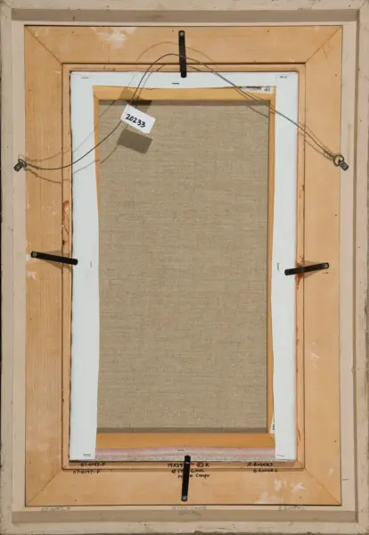Back of a framed canvas on a wooden stretcher, with hanging wire and a white tag reading '20233' near the top center.