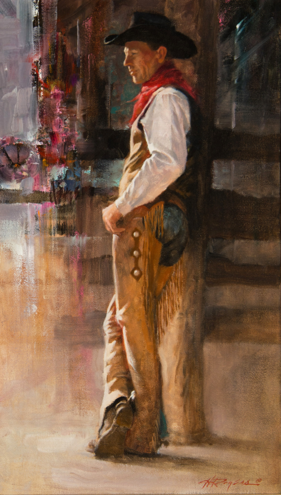 Oil painting of a cowboy in a black hat, red scarf, white shirt and fringed chaps leaning against a wooden wall.