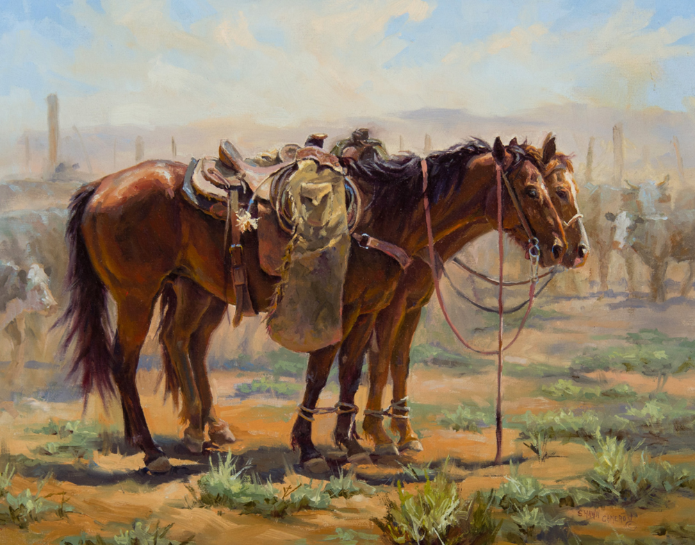Two saddled brown horses tied together in a dusty desert landscape under a blue sky.
