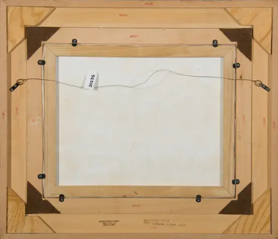 Back of a wooden frame showing a hanging wire and hardware on the artwork’s reverse side.