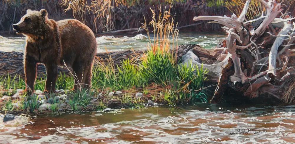 Brown bear standing at the river's edge among green grasses and fallen logs in a forest riverside scene (painting).