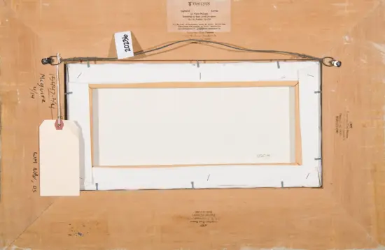 Back of a framed canvas on a wooden stretcher with a hanging wire across the top, a white tag reading '2022' attached, and several labels/stamps on the wood surrounding the frame.