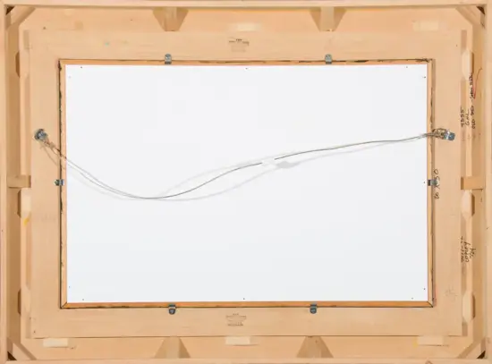 Back of a canvas on a wooden frame with a twisted hanging wire secured by metal hardware