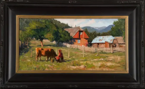 Rural painting of a person with a horse in a fenced yard, red house with a triangular roof, and distant blue-mountain backdrop.