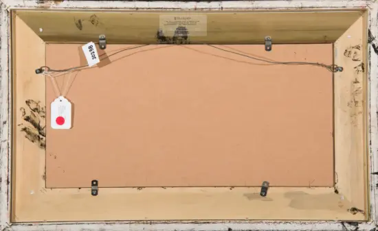 Back of a framed artwork: beige cardboard backing, wooden frame, metal hanging wire, and inventory tags on the left side.