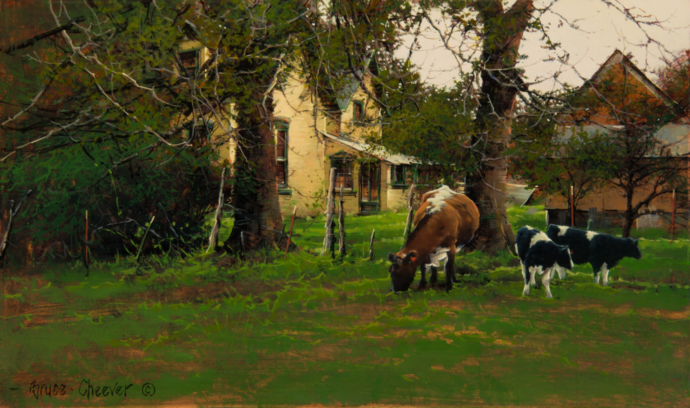 Oil painting of two cows grazing in a rural yard with a brick house and leafy trees overhead.