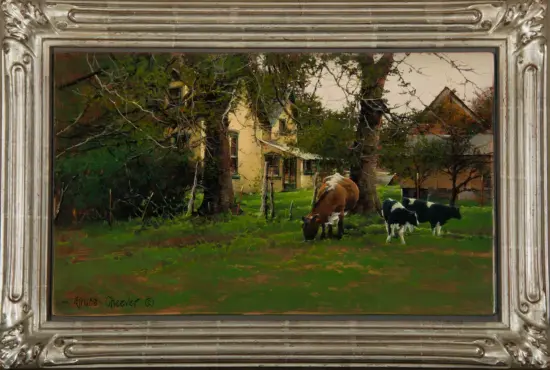 Pastoral scene of cows grazing in a yard near a yellow house, with trees and green grass in the background.