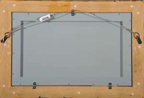 Back of a framed artwork with hanging wire, metal hardware, and a small label reading 20241 on the top wire edge.