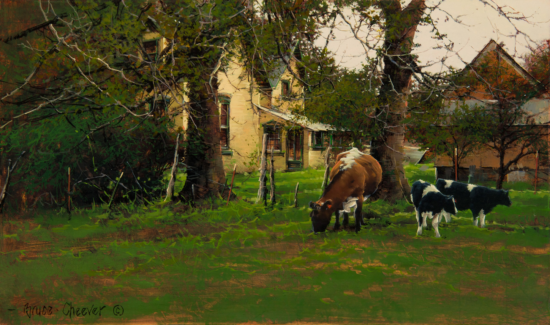Oil painting of two cows grazing in a rural yard with a brick house and leafy trees overhead.