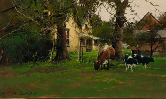 Pastoral scene: a brown horse and black-and-white cows grazing on a grassy yard beside a house, with trees and a fence in a painterly, impressionistic style.