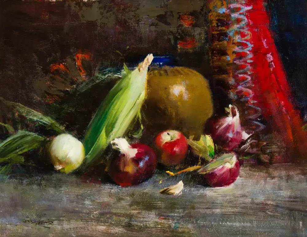 Still-life painting showing green corn, a white onion, red apples, garlic, and a brown jar on a dark table with a red curtain in the background.