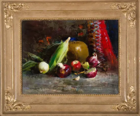 Still life painting of fruit—pears, apples, and onions—arranged on a table with a dark background and a red drape, in an ornate gold frame.