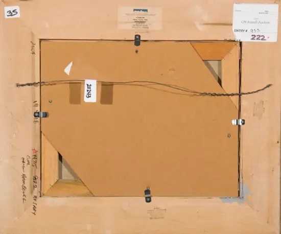 Back of a framed artwork: wooden frame, hanging wire, and labels attached on the top and sides.