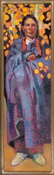 Framed painting of a woman in a blue coat, red scarf, seated, with a background of yellow blossoms.