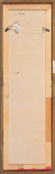 Back of a framed painting showing two wire hangers attached to the frame, a small label reading 'In Yellow', and wooden stretcher bars with pink paint at the bottom edge.