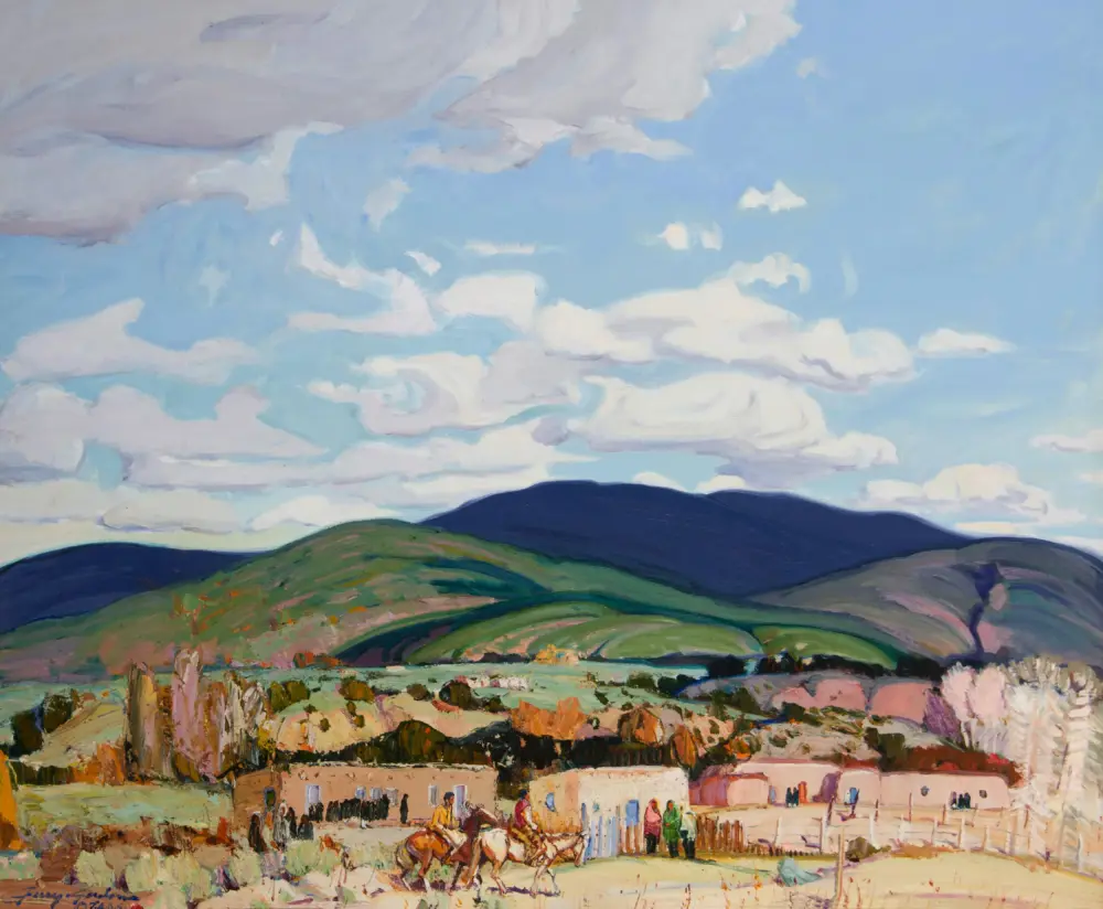 Impressionist landscape showing rolling green hills under a blue sky with clouds and a line of small figures along a foreground fence or path.