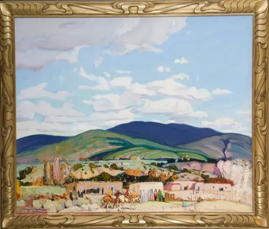 Oil landscape painting of green rolling hills, a distant blue mountain, and a small village at the foreground under a cloudy sky framed by a gold ornate frame.
