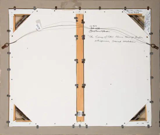 Back of a framed canvas showing wooden stretchers, metal clamps, and handwritten title about songs whispered through the air on the back of the painting.