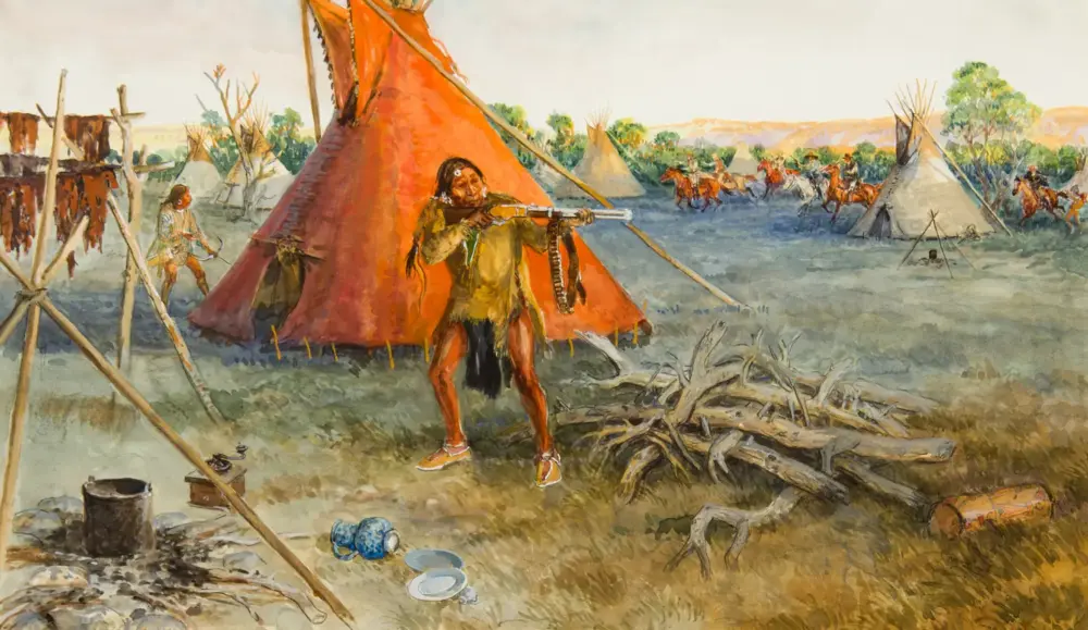 Native American man aiming a rifle beside a red tipi in a plains camp; tents and riders in the background.