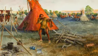 Native American man aiming a rifle in front of a large red teepee, a desert camp with tents and riders in the distance.