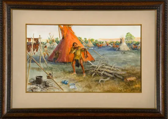 Oil painting of a Native American camp with orange teepees, a warrior aiming a rifle in the foreground, and people on horseback in the background. A rugged encampment scene with tents, campfires, and scattered logs, framed as a classical artwork.