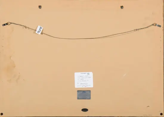Back of a framed artwork showing a curved hanging wire attached to both sides, with a small tag and labels affixed to the back.