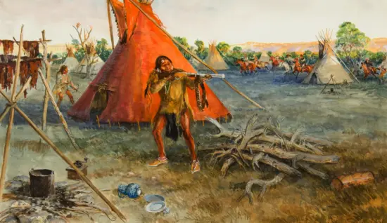 Native American man aiming a rifle in front of a large red teepee, a desert camp with tents and riders in the distance.