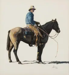 Cowboy in a blue jacket and hat sits on a saddled dark horse, holding the reins.