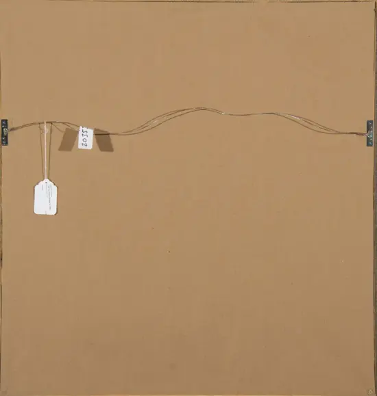Back of a framed artwork showing a hanging wire along the top edge with two metal brackets and attached price tags.