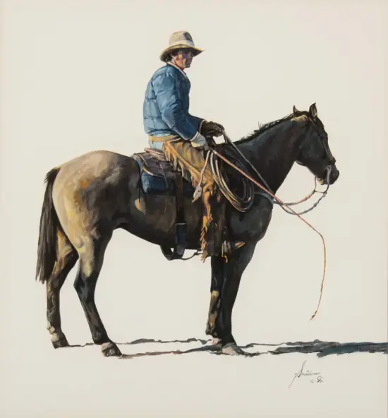 Cowboy in a blue jacket and hat sits on a saddled dark horse, holding the reins.