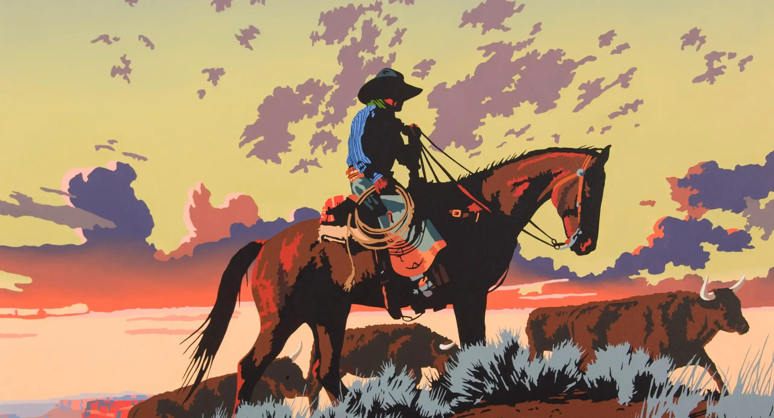 Silhouette of a cowboy on a saddled horse during sunset, with a bison in the foreground and a colorful sky behind them.