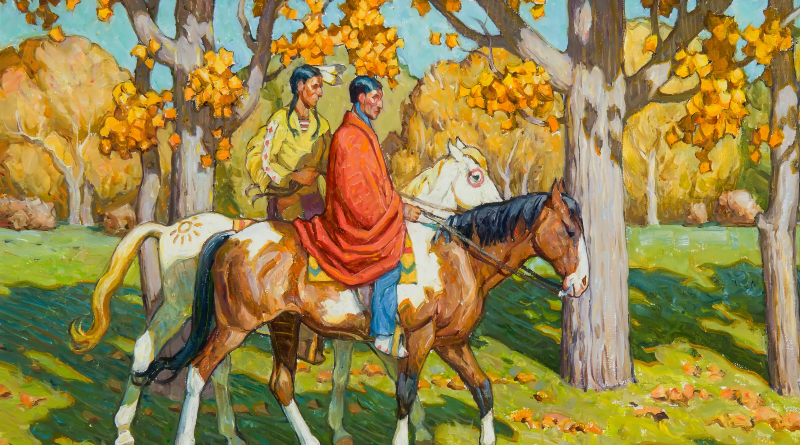 Two riders on horseback travel through an autumn forest with orange and gold leaves.